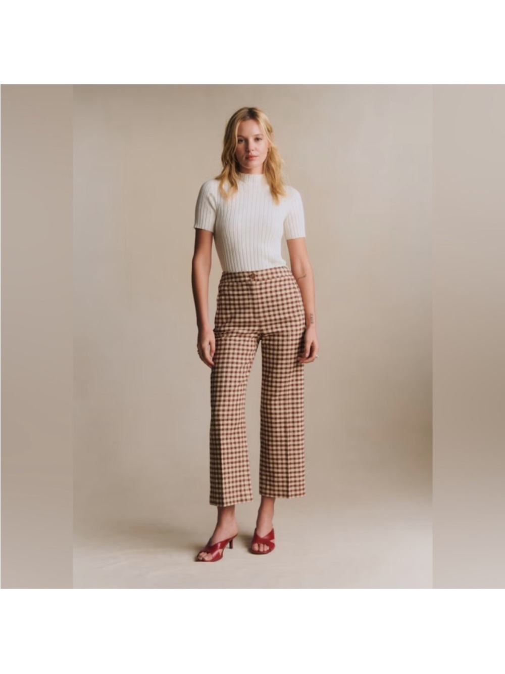 Sezane High-Rise Gingham Wide-Leg Cropped Pants - Brown/White